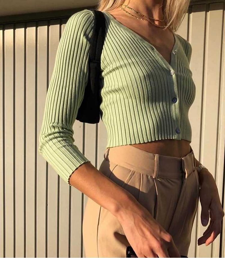 Casual Ribbed Long Sleeve Button Down Crop Tee Shirts