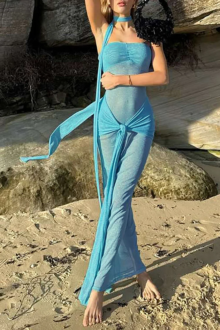 Solid Color Strapless Tie Up Streamer Semi Sheer Slim Fit Maxi Dresses-Blue