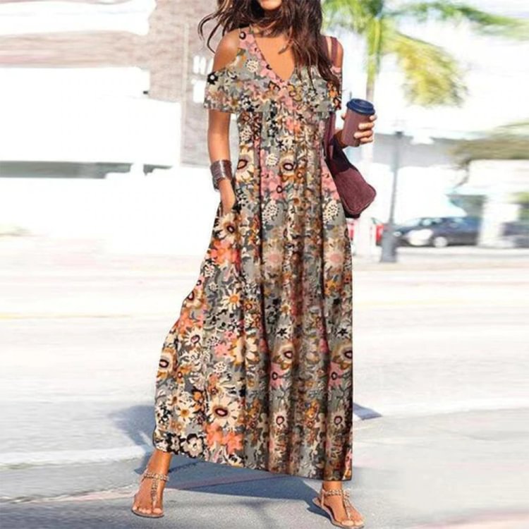 Stunning Short Sleeve Floral Print Maxi Dress