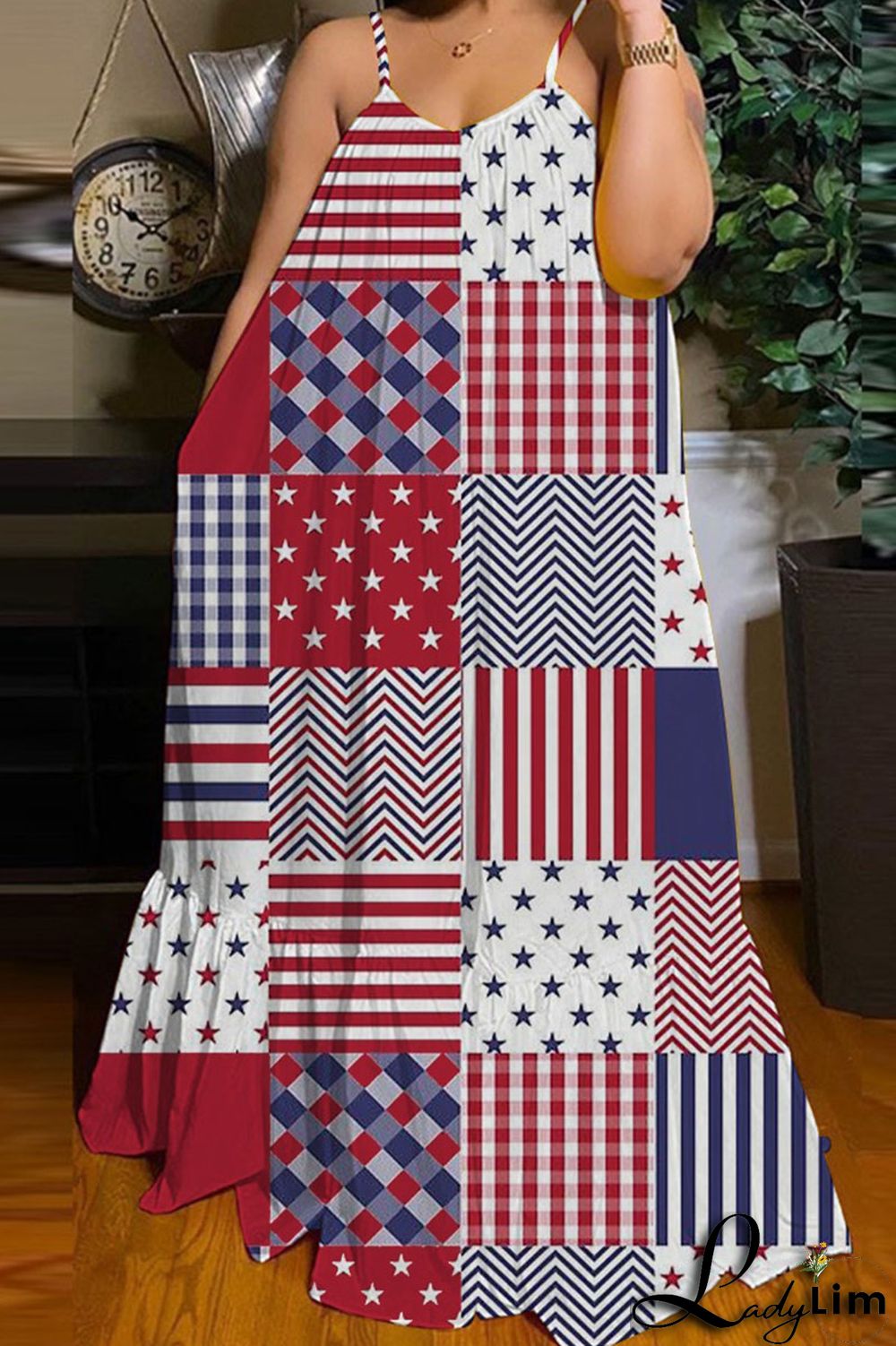 Gray Blue Casual Print Patchwork Spaghetti Strap Straight Dresses