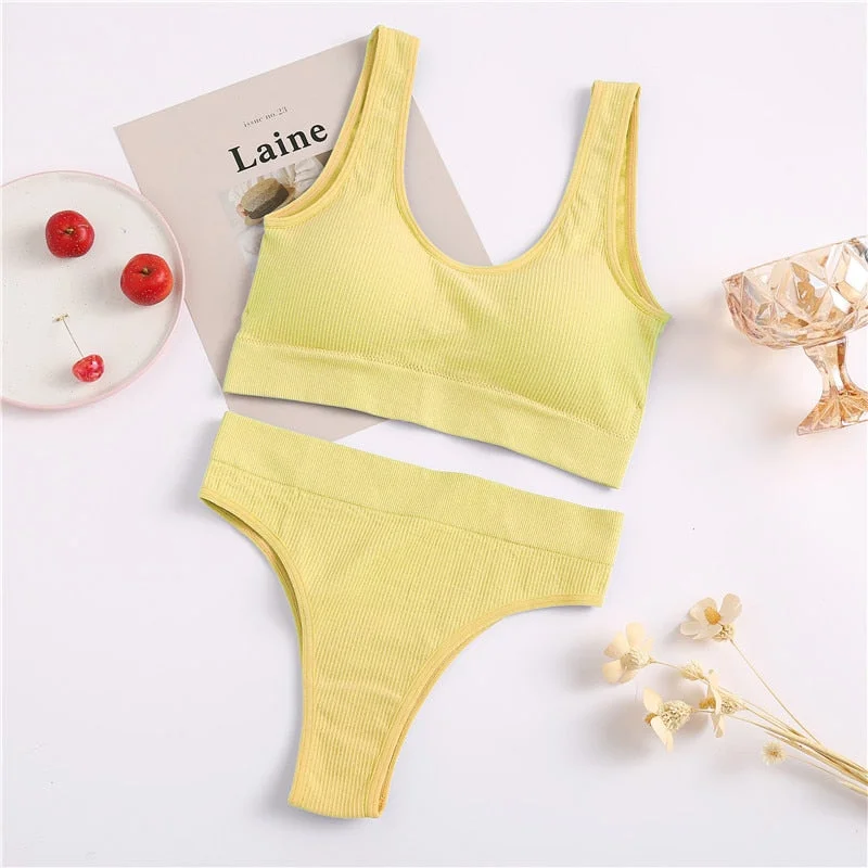 FINETOO Seamless Women Underwear Set Tops Set Panties Women Wireless Lingerie Suit Padded Bras S-XL Backless Bralette Lingeries