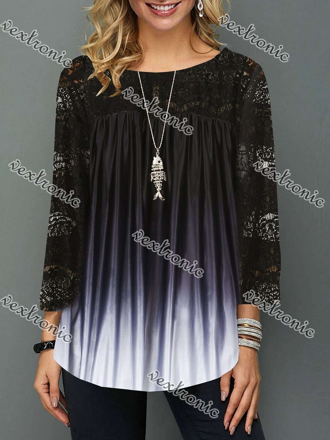 Women 3/4 Sleeve Scoop Neck Lace Stitching Top Dress