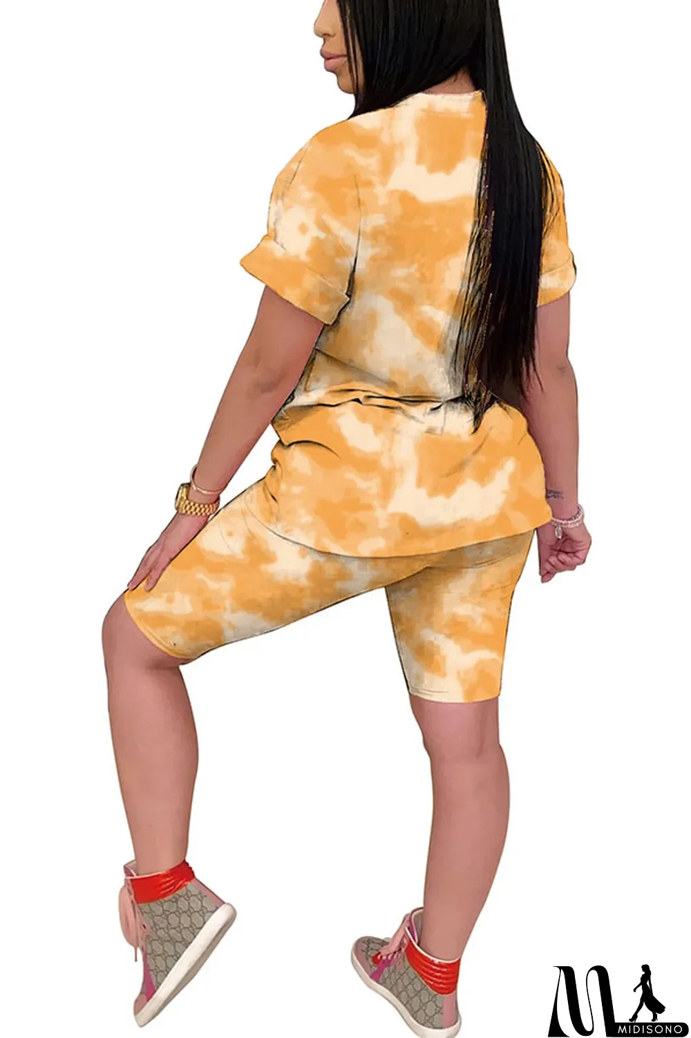 MidiSono - Light yellow Polyester Fashion Casual Print Gradient Two Piece Suits pencil Short Sleeve Two Pieces