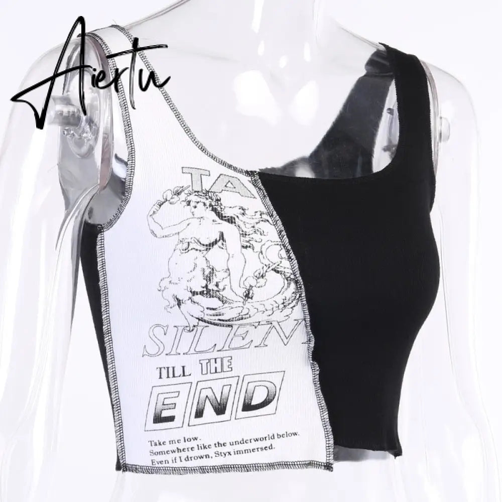 Punk Style Patchwork Tank Tops Aesthetic Letter And Graphic Print Women Crop Top Color Blocking Sleeveless Streetwear Aiertu