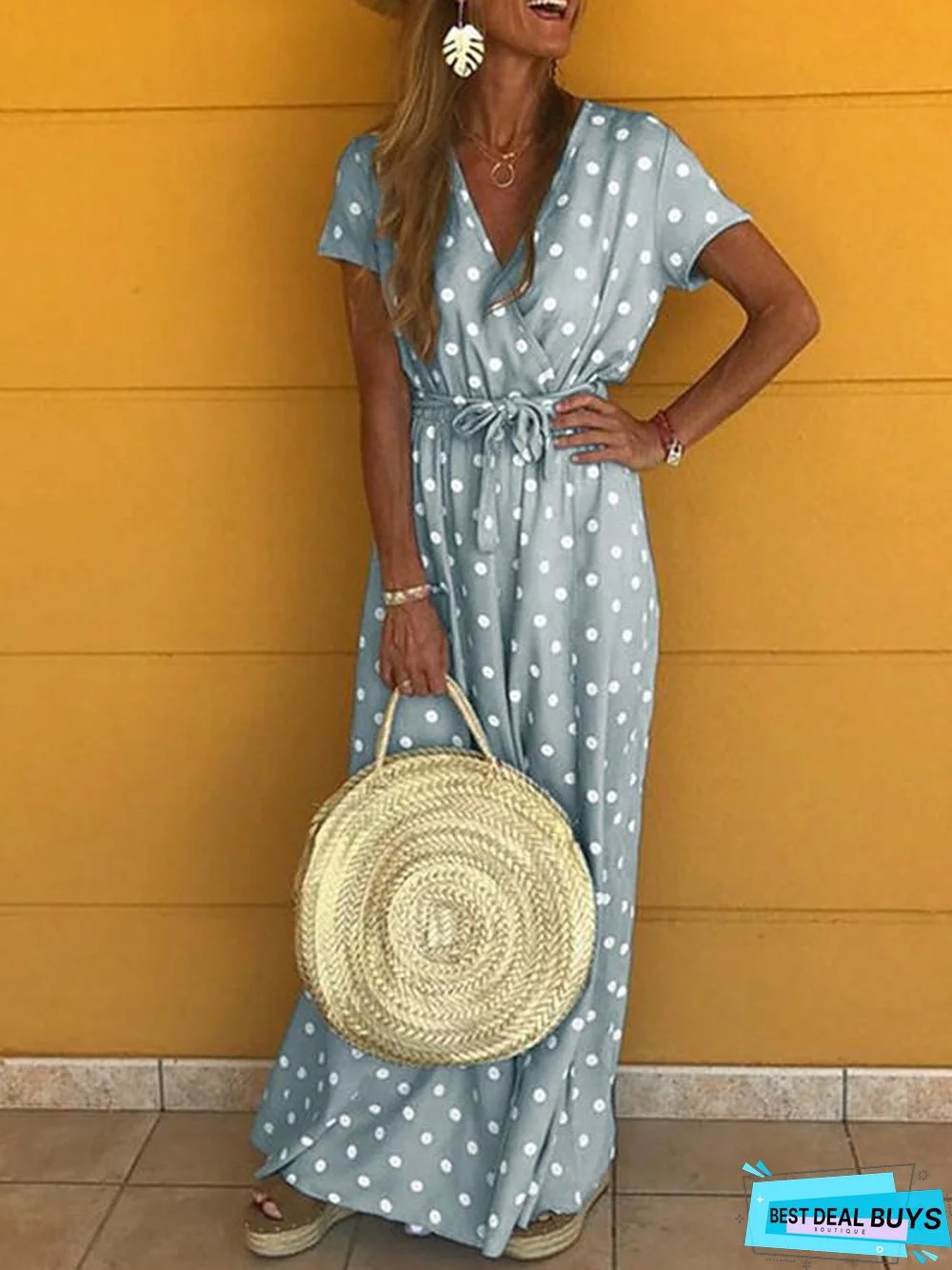 Women's Maxi Long Dress Short Sleeve Polka Dot Print Summer V Neck Hot Yellow Blushing Pink Gray Light Blue