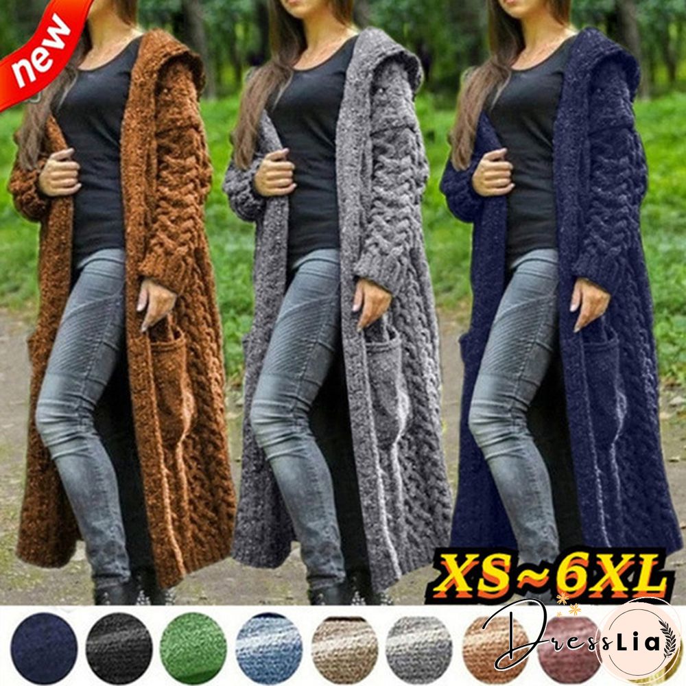 HOT Autumn/Winter Fashion Womens Coat Knit Hooded Sweater Loose Mid-length Casual Streetwear Knitted Cardigan Jackets for Women Outwear vestidos mujer Plus Size casacos de inverno feminino