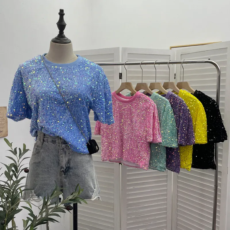Nigikala Nigikala Sequin Short Sleeve T-Shirt 2025 Spring And Summer Korean Version Of Loose Night Club Bling Top 9088