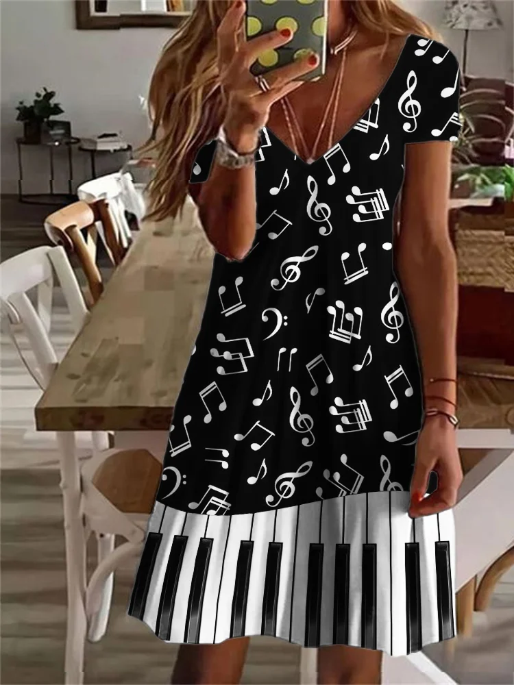 Music Notes Piano Keys V Neck Midi Dress