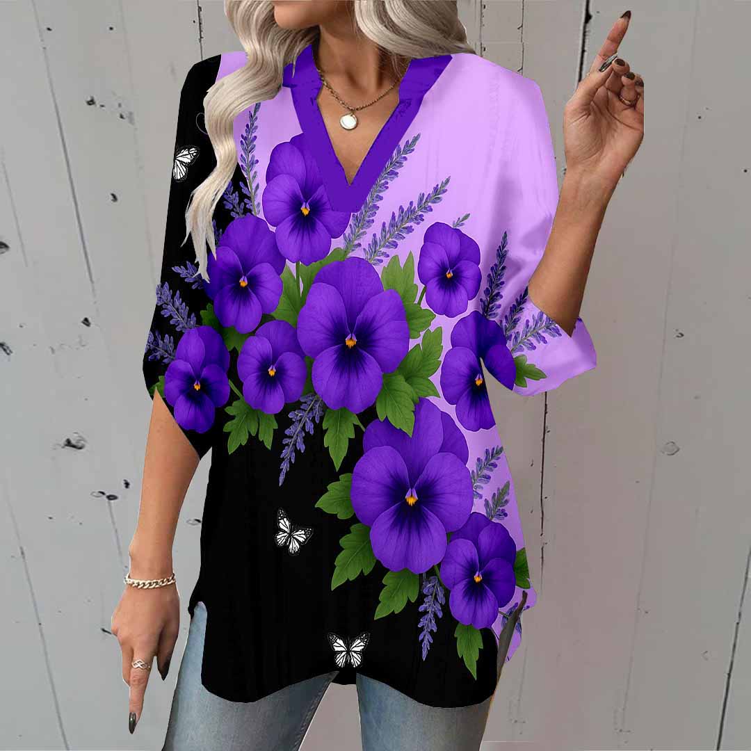 Women Floral,Purple,Green DZGA0779 3/4 Sleeve V-neck Printed Graphic Button Tops
