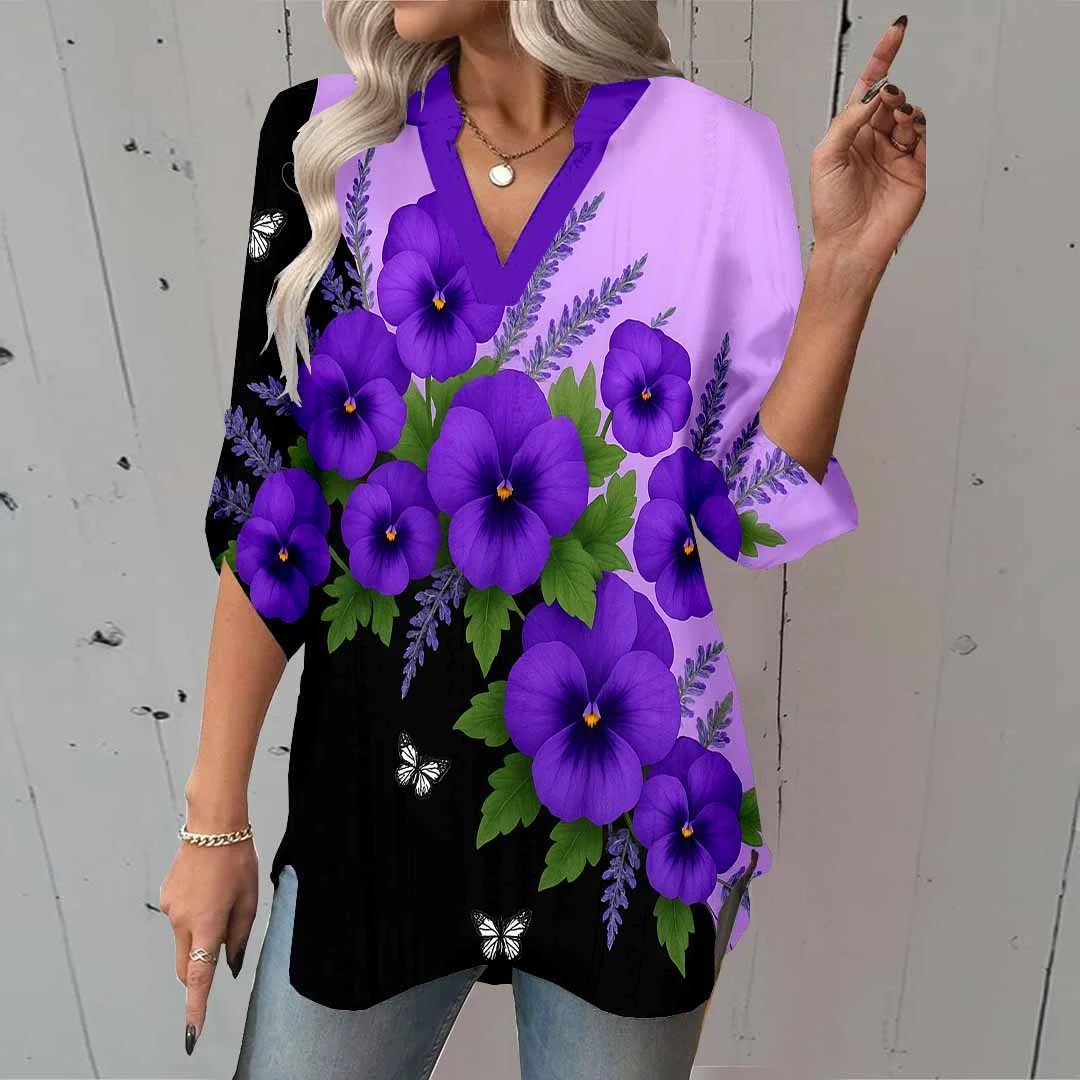 Women Floral,Purple,Green DZGA0779 3/4 Sleeve V-neck Printed Graphic Button Tops