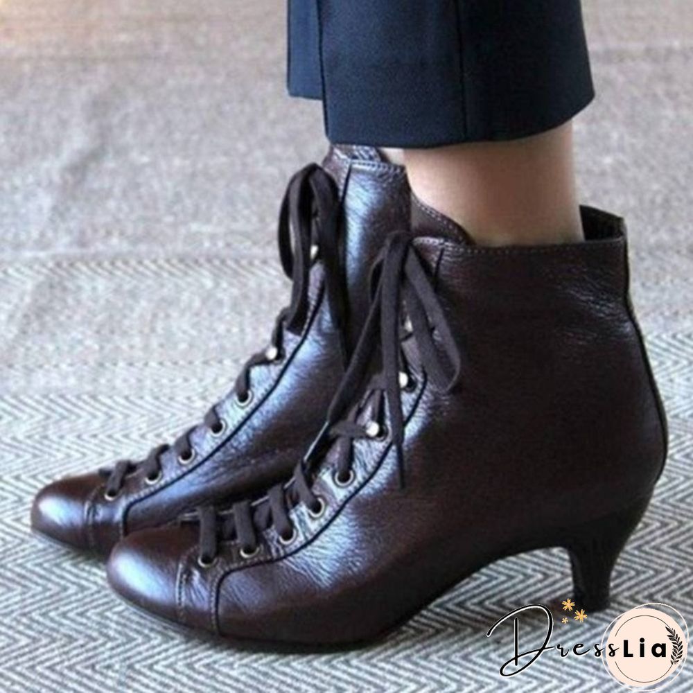 New Fashion Victorian Round Toe Leather Boots for Women Rustic Booties Steampunk Lace Up Low Heel Boots Vintage Ankle Boots Jeans Boots