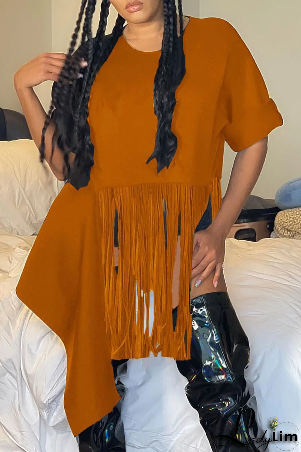 Orange Casual Solid Tassel Asymmetrical O Neck T-Shirts