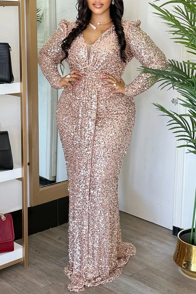 Plus Size Formal Champagne V Neck Long Sleeve Bodycon Elegant Sequin Maxi Dresses [Pre-Order] 2024 - Xpluswear