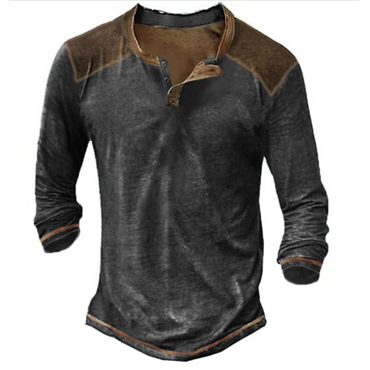 BrosWear Men's Retro Color Blocking Long Sleeve Henry Shirt