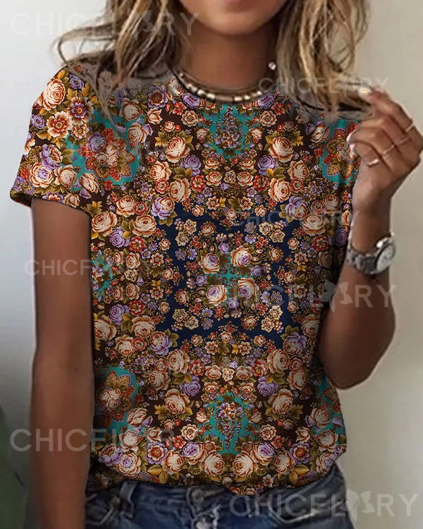 Women's Mandala Floral Pattern Crew Neck T-shirt