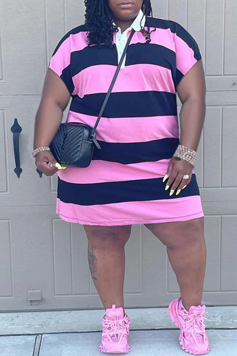 Pink Fashion Casual Plus Size Striped Print Basic Turndown Collar Short Sleeve Dress | EGEMISS