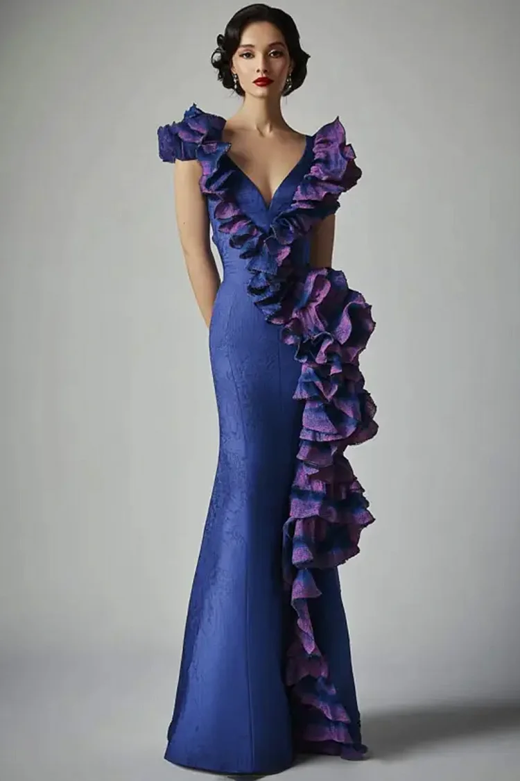 Ruffled Deep V Neck Maxi Dress-Navy Blue [Custom-Made]