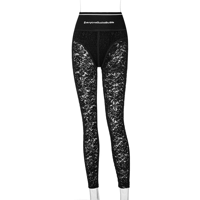 Dulzura Zippers Lace Women Sexy Hook Flower Hollow Out 2021 Summer Skinny Slim Bodycon High Waist Fashion Pants