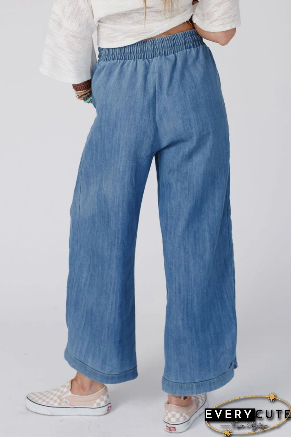 Sky Blue Wide Leg Drawstring Waist Loose Pants