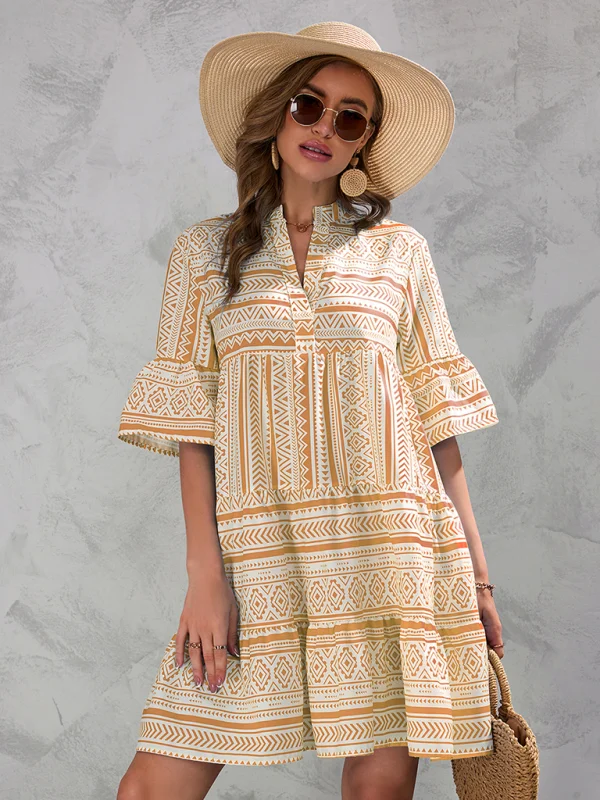 Summer striped V-neck loose half-sleeved dress Flusfy