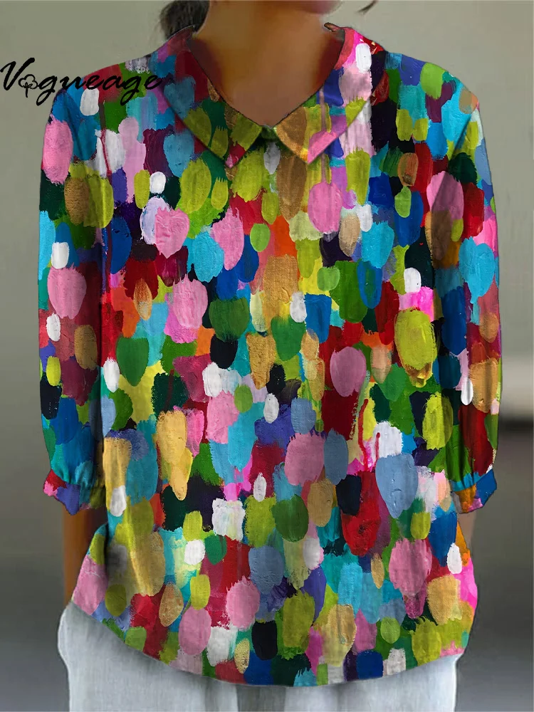 Fashionable Contrasting Color Irregular Printed Women Doll Collar Shirt