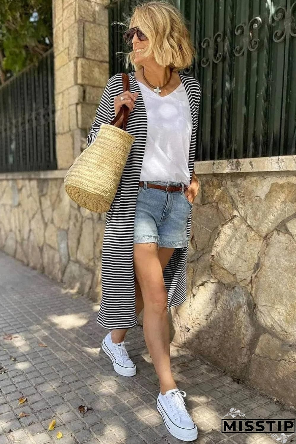 Stripe Open Front Long Cardigan