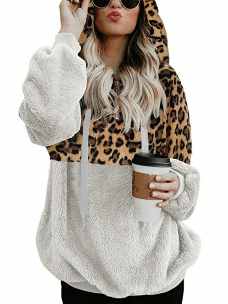 Women's Long Sleeve V-Neck Zipper Colorblock Graphic Animal Printed Fleece Hoodies Tops