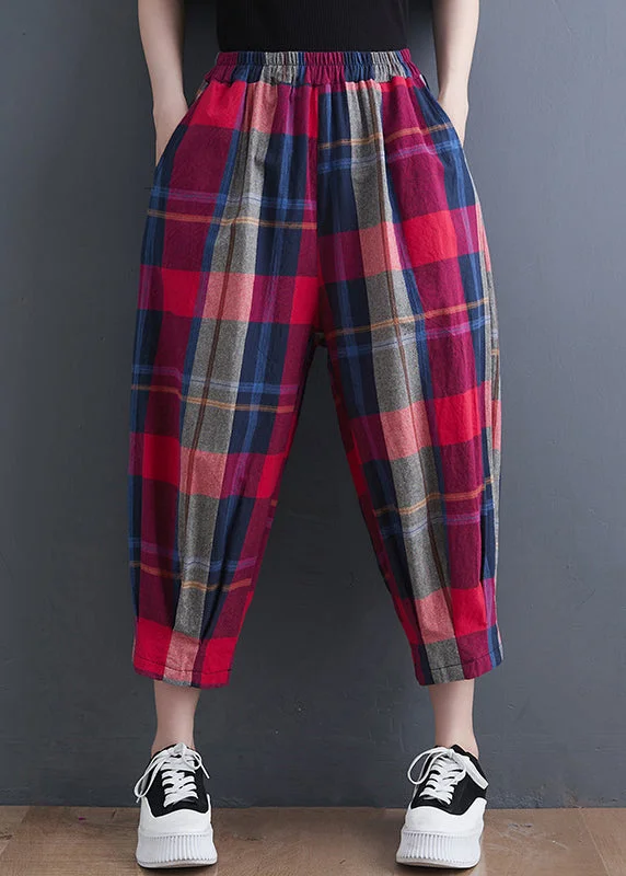 Plus Size Red Plaid Elastic Waist Cotton Crop Pants Summer