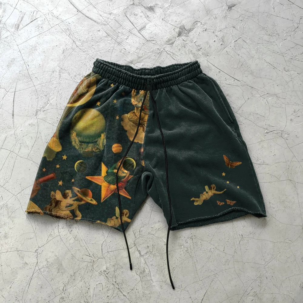 Retro print rock fashion stitching casual shorts