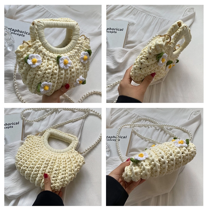 Women’s Medium Fabric Flower Cute Weave Open Crochet Bag