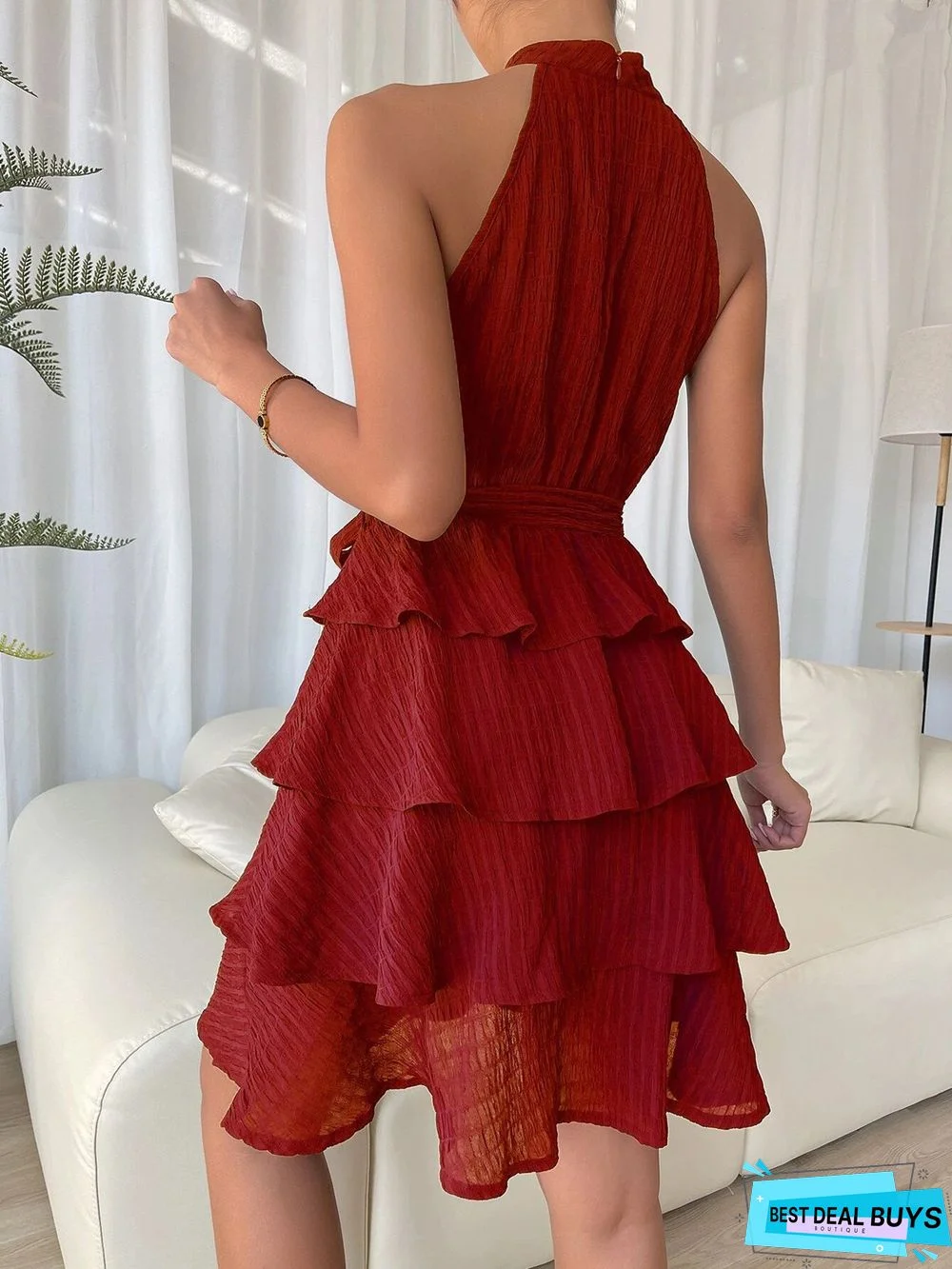 Sleeveless Neck Tie Waist Flounces Dress Skirt