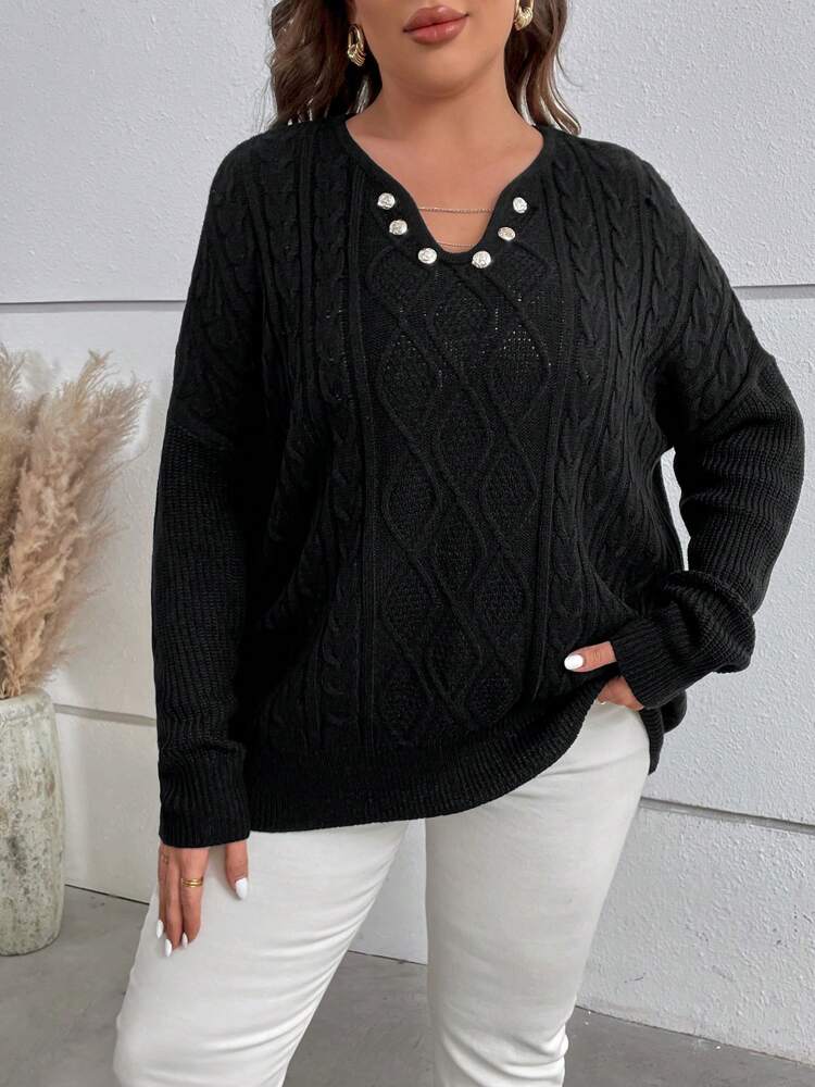 Plus Notched Neckline Drop Shoulder Sweater