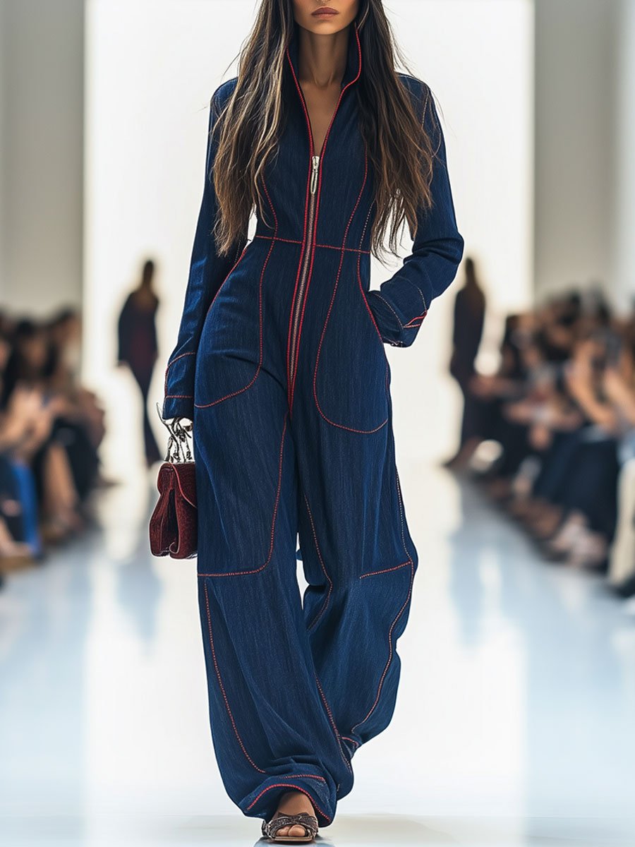 Women's Lapel Retro Zipper Pocket Long-Sleeved Wide-Leg Denim Jumpsuit