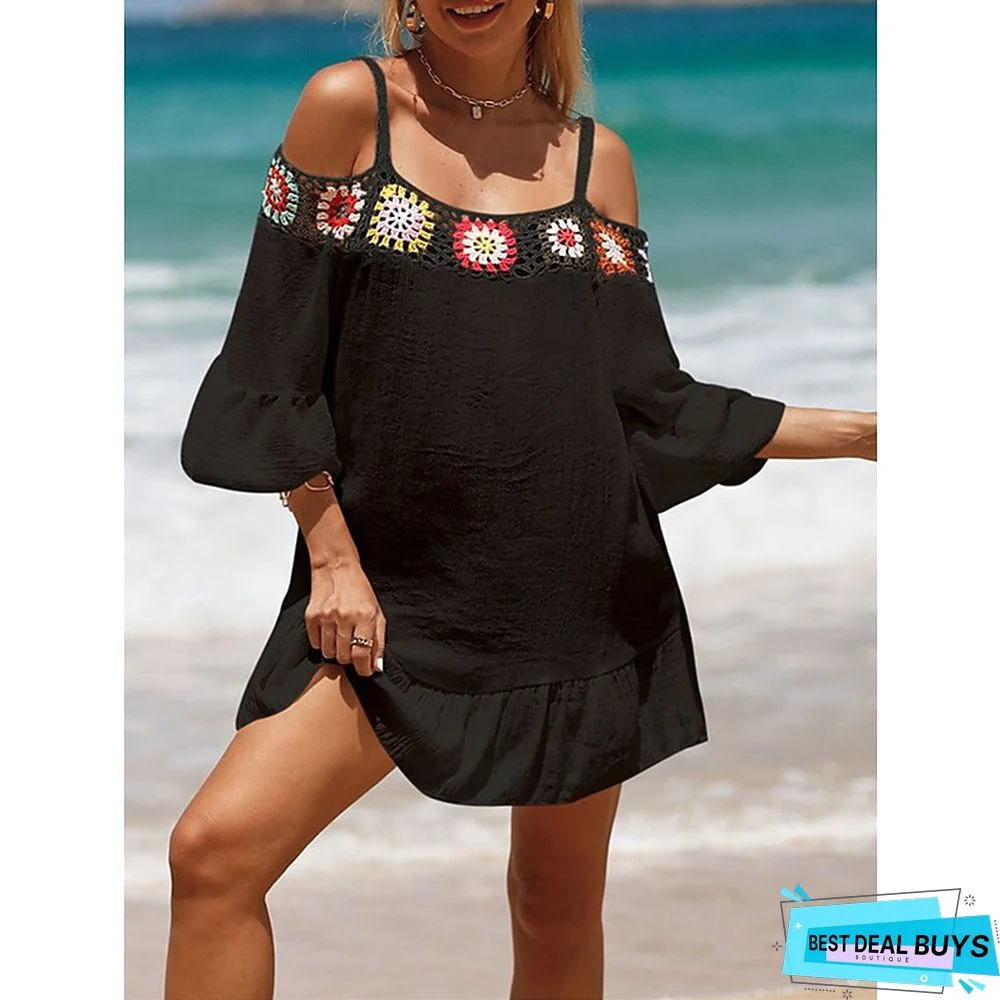 Women's Cover Up Beach Dress Beach Wear Mini Dress Ruffle Backless Ethnic Casual Floral Spaghetti Strap 3/4 Length Sleeve Loose Fit Outdoor Daily Black White 2023 Spring Summer One Size