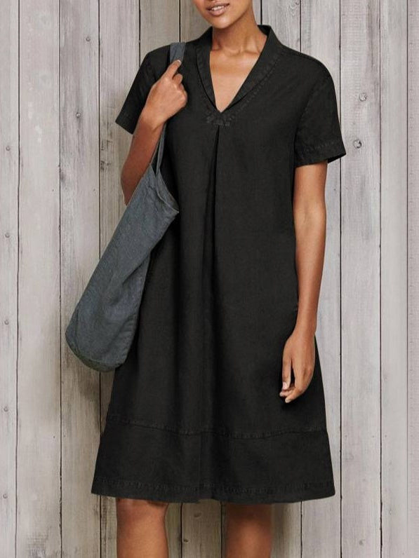 Women Short Sleeve V-neck Soild Midi Dress