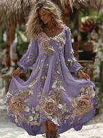 Women's Vintage Romantic White Rose Embroidery Art Comfy Linen Maxi Dress - Image 4