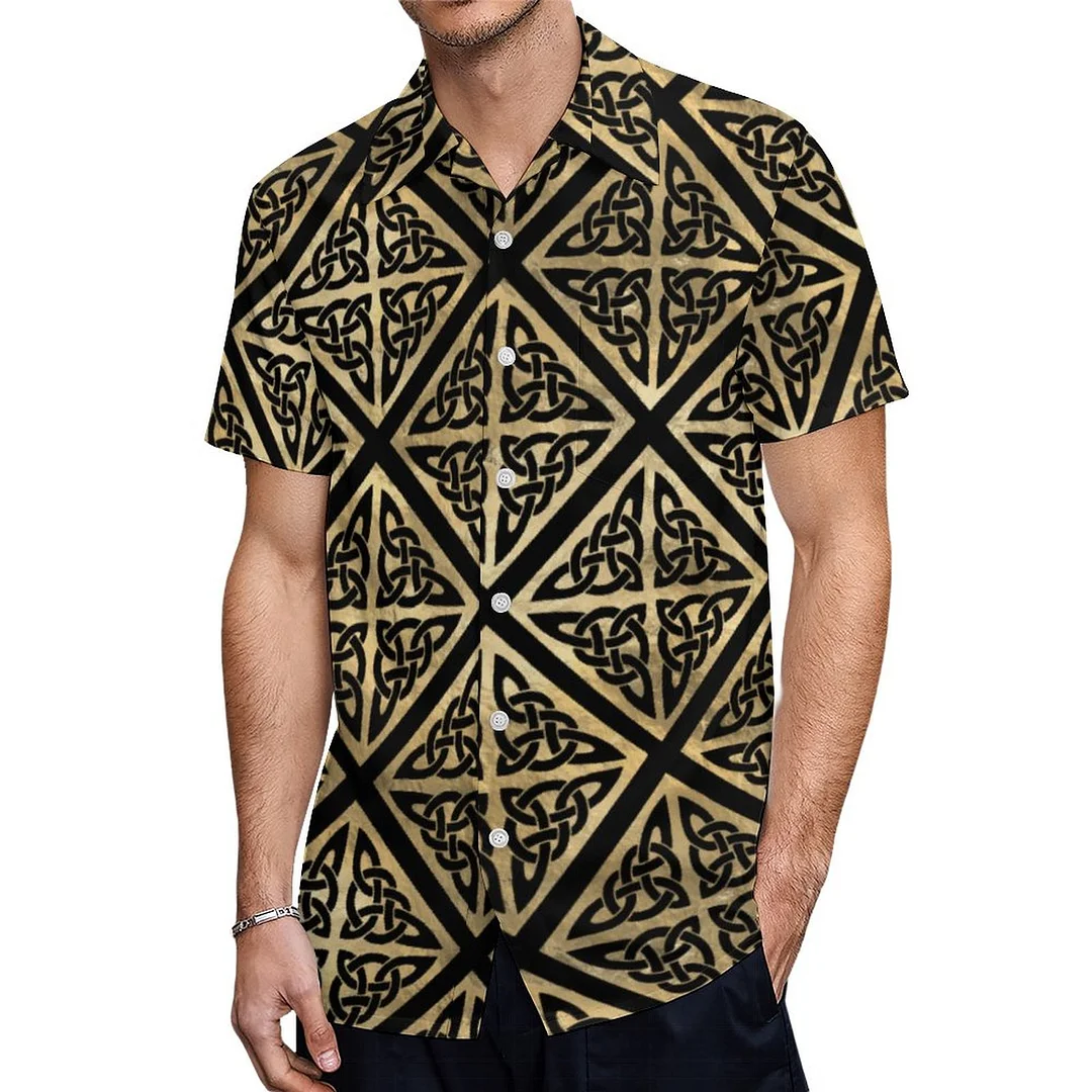 Black Gold Celtic Stripe Chain Triangle Geometric Hawaiian Shirt Mens Button Down Plus Size Tropical Hawaii Beach Shirts