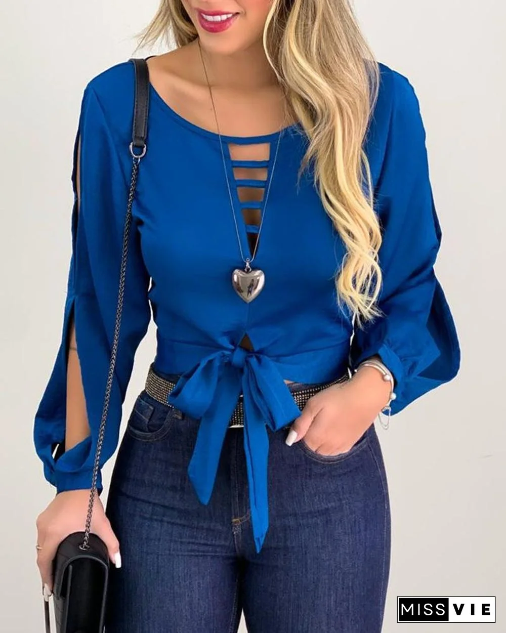 Elegant Casual Hollow Long Sleeve Shirt Lace-up Front Top Women's Fashion Women's Design Pure Color Style Waist Material