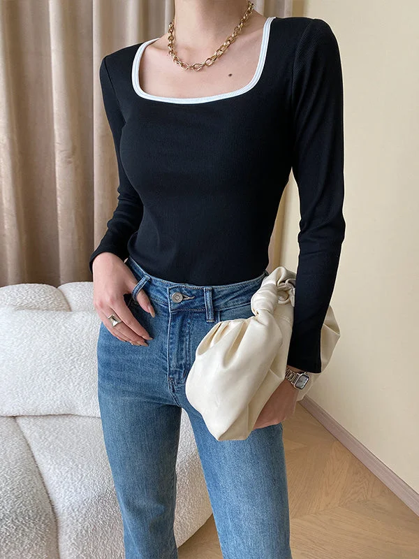 Contrast Color Long Sleeves Skinny Square-Neck T-Shirts Tops