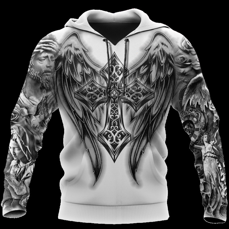 Sacred Cross 3D Printed Hoodie with Angelic and Religious Symbols