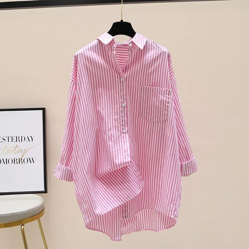 Brownm Brownm Spring And Autumn New Han Fan Literature And Arts Front Short And Rear Long Shirt Women Long Striped Shirt Casual Coat Summer