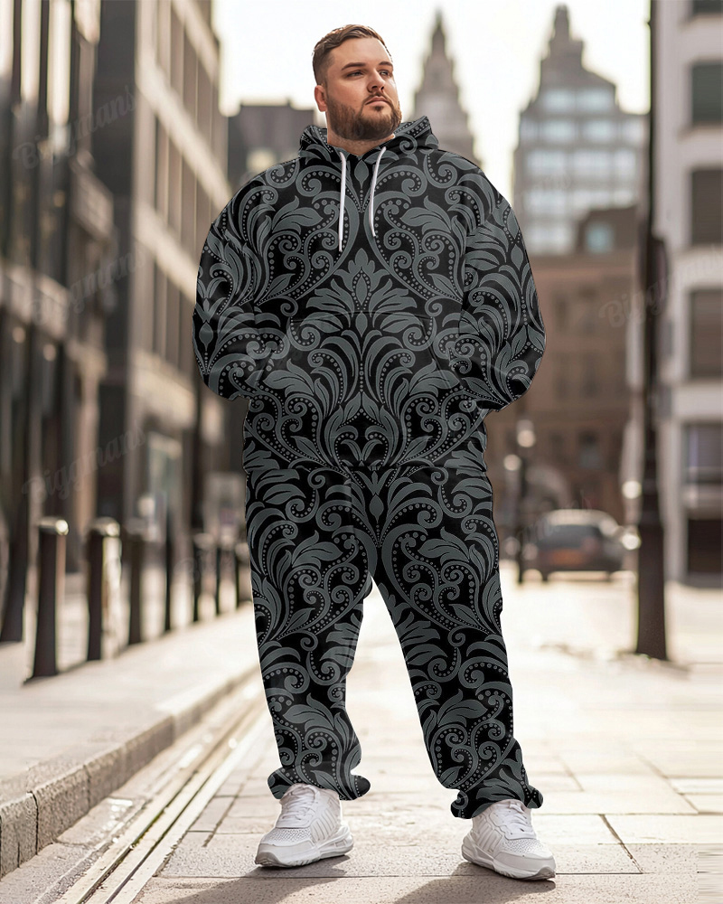 Men's Classical Retro Full Pattern Black Plus Size Hoodie Suit