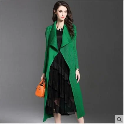 Women Fashion Pleated Long Windbreaker Turn Down Collar Open Cardigan Black Green Gray Red Khaki  Female Clothing Coat Shawl