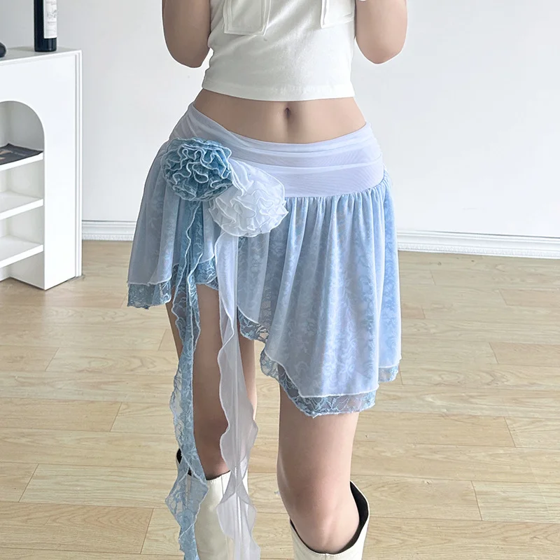 Woherb Woherb Pure Desire Wind Rose Tassel Ribbon Double Layer Fairy Skirt Low Waist Irregular Place Short Half Skirt-Outfit Ideas
