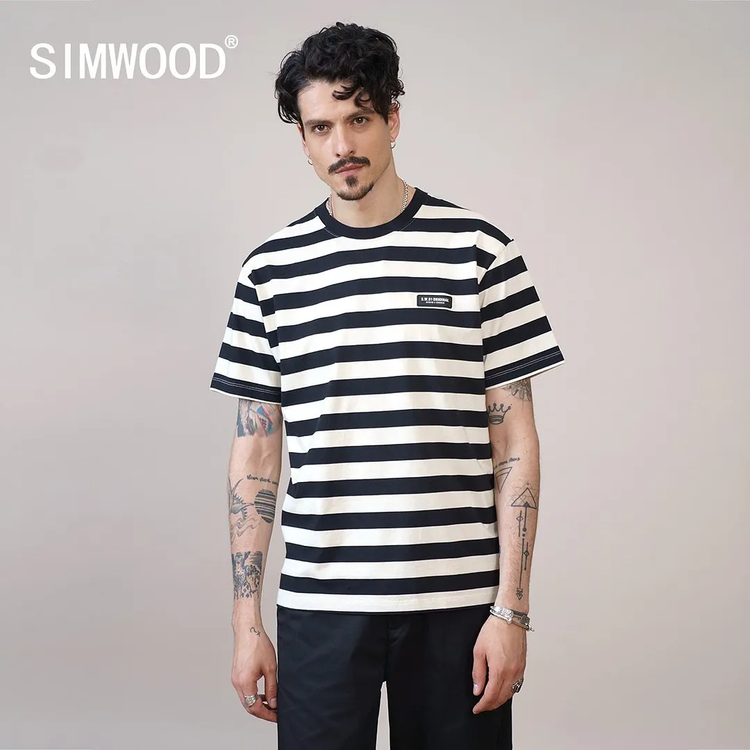 SIMWOOD 2021 Summer Oversize Men's Striped Breton Top Breathable 100% Cotton Loose Plus Size Brand Clothing SK130606