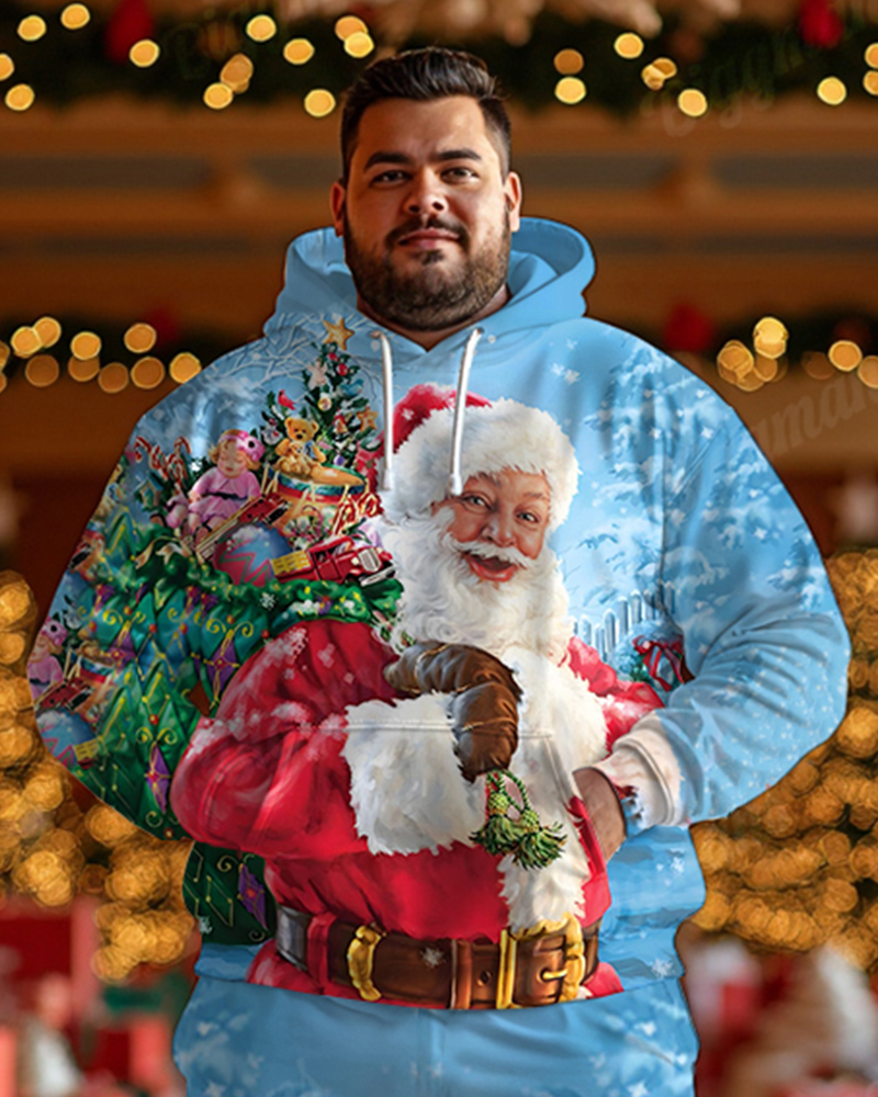 Men's Santa Carrying Sack of Gifts Big & Tall Hoodie Sweatpants Set