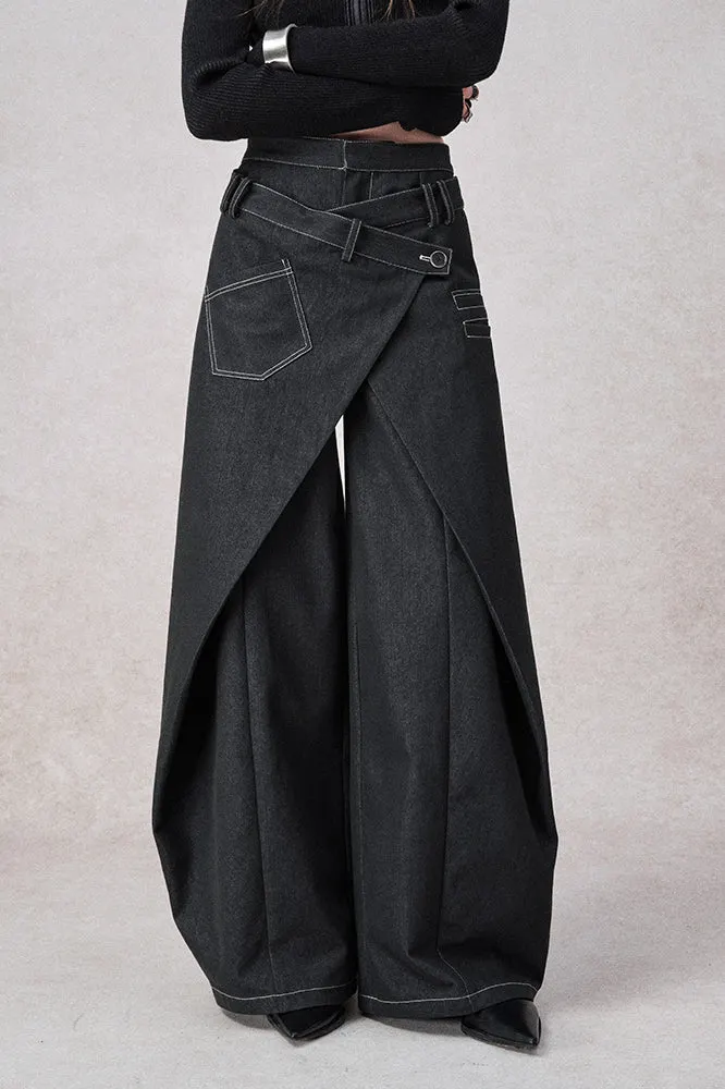 Swinging Symphony Fake Two-Piece Wide-Leg Jeans