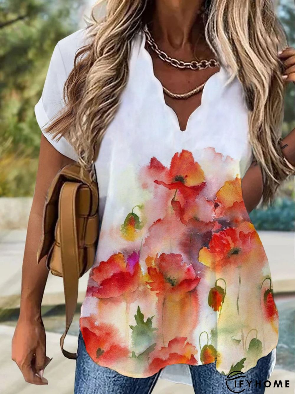 Floral Short Sleeve V Neck Printed Tunic Top | IFYHOME