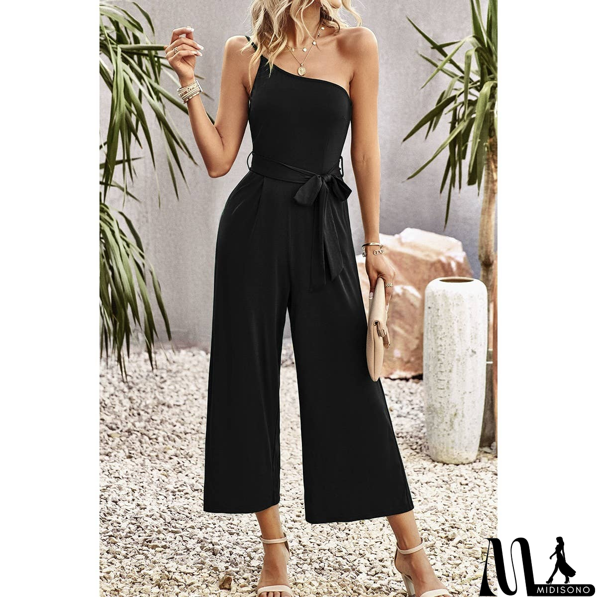 MidiSono - One Shoulder Belt Knot High Waist Jumpsuit
