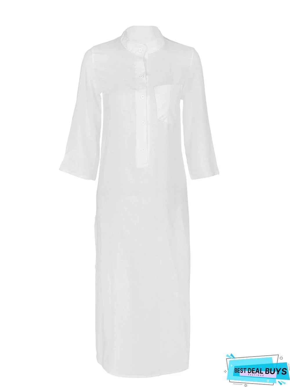 Long Sleeve Plunging Neck Buttoned Dress White Dresses Linen
